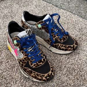 Leopard Print Golden Goose Sneakers with Blue Laces